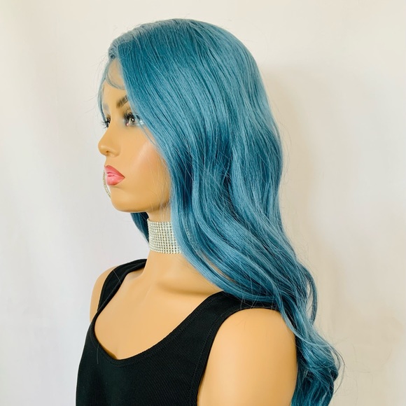 Long Gorgeous 28” Ocean Blue Color Premium Fiber Glueless Lace Front Wig - Picture 3 of 10